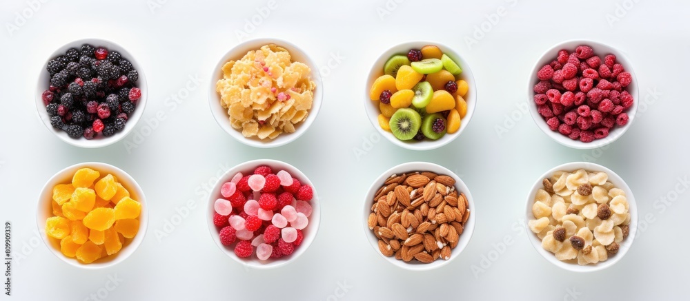Overhead shot of a selection of cold cereals served in white bowls offering a convenient and quick breakfast for kids with copy space image Overhead shot of a selection of cold cereals served in white bowls offering a convenient and quick breakfast for kids with copy space image