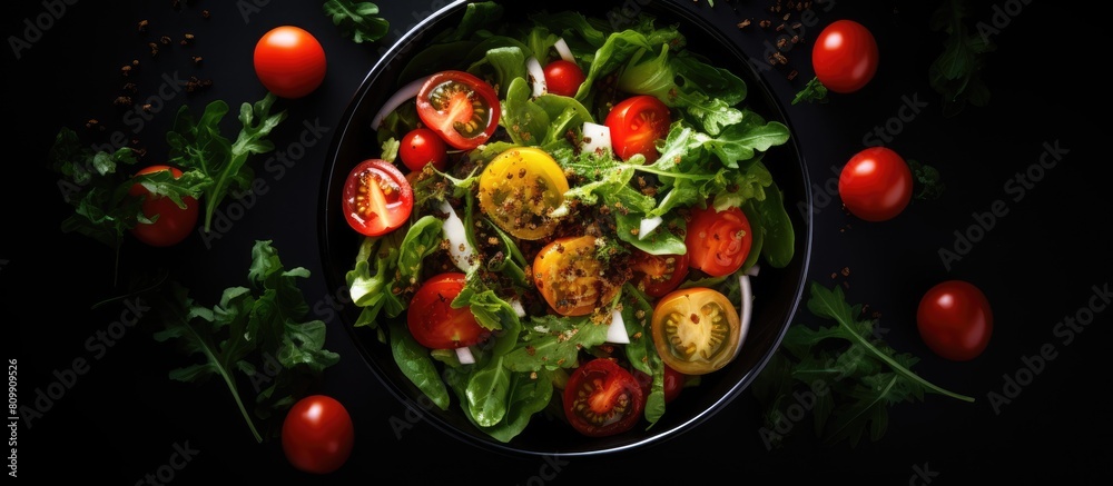 Top view of a healthy green salad with tomato and fresh vegetables presented in a white bowl placed on a dark black background leaving ample copy space for the image Top view of a healthy green salad with tomato and fresh vegetables presented in a white bowl placed on a dark black background leaving ample copy space for the image