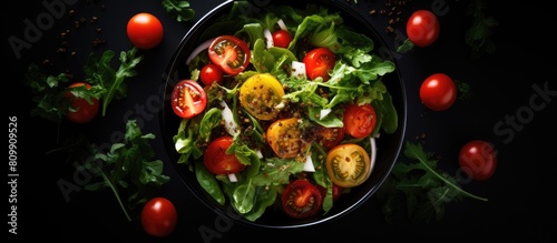 Top view of a healthy green salad with tomato and fresh vegetables presented in a white bowl placed on a dark black background leaving ample copy space for the image