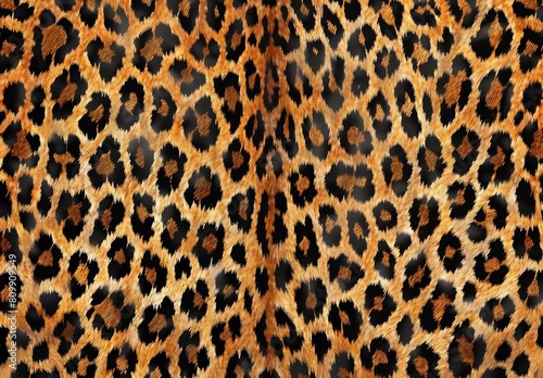 The image is a close-up of a leopard's fur. The fur is a light brown color with black spots. The spots are arranged in a rosette pattern. The fur is soft and plush. photo
