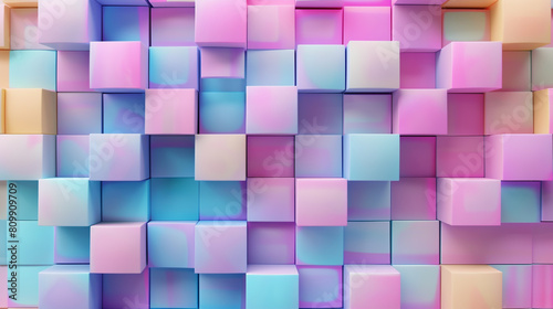 3D rendering of a low poly geometric background with a soft gradient of pink and blue colors,