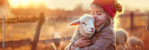 Little girl hugging lamb on farm, cute baby lamb in child arms, preschool zoological education