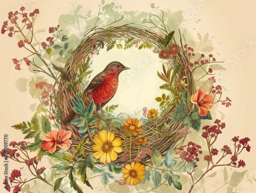 watercolor painting of a bird sitting in a nest made of twigs and flowers.