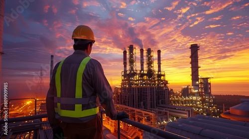 Skilled Technician Overseeing Expansive Power Plant at Vibrant Sunset