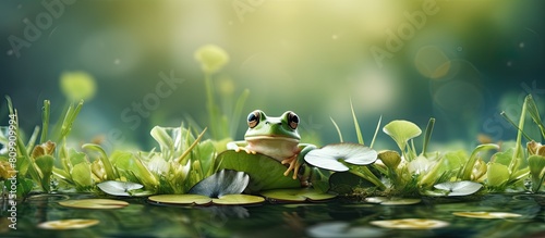 A frog in a pond surrounded by aquatic plants in a ditch with empty space for a picture. Creative banner. Copyspace image photo