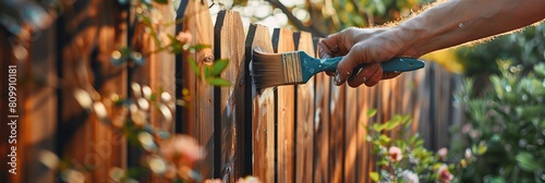 Man painting wood stain at timber plank in garden. Hand with brush closeup, paint protective varnish