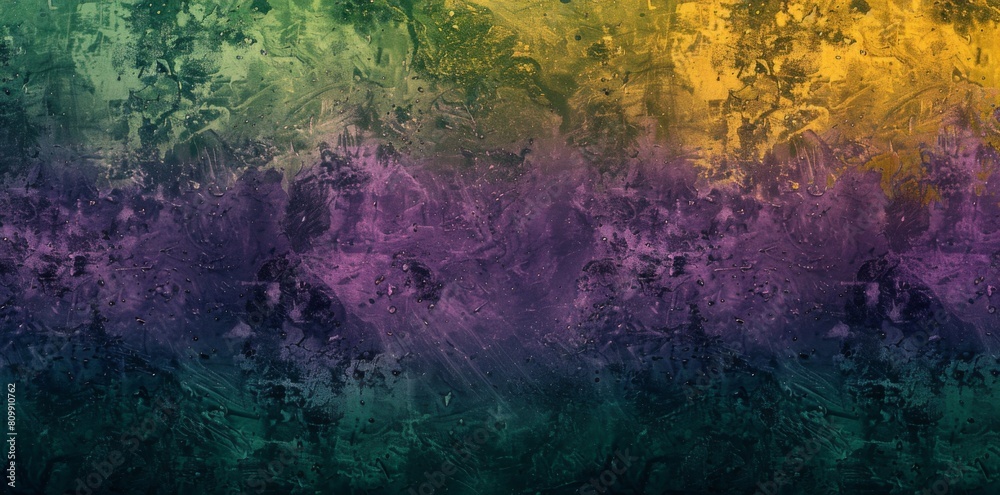 The image is a dark, grungy, textured background with a gradient of green, yellow, purple, and blue.