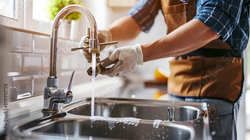 Professional Plumber Fixing Leaking Sink in Modern Kitchen with Focus on Hands and Tools