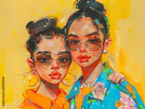 two young women with dark hair and sunglasses  painted in a colorful and painterly style.