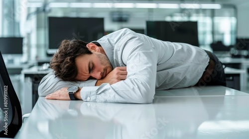 A man is sleeping on a desk in an office. He is wearing a watch and a white shirt