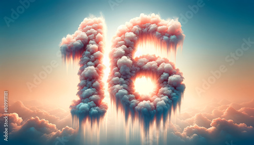 Dramatic cloud formations depict the number '16', illuminated with a fiery glow against a serene sky backdrop, perfect for celebratory and inspirational themes. Offers ample copy space photo