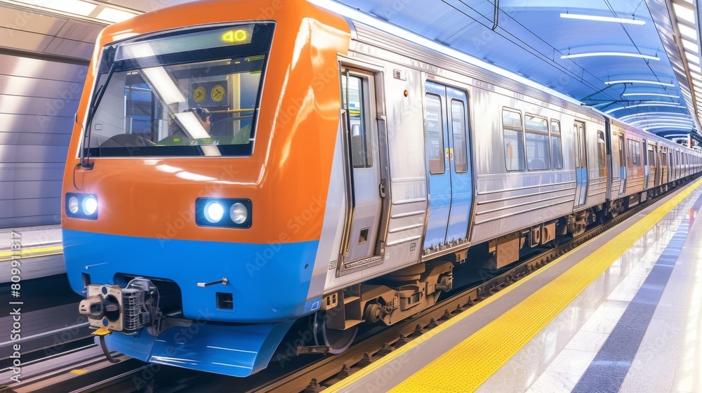 A train is on a track with a yellow line. The train is orange and blue