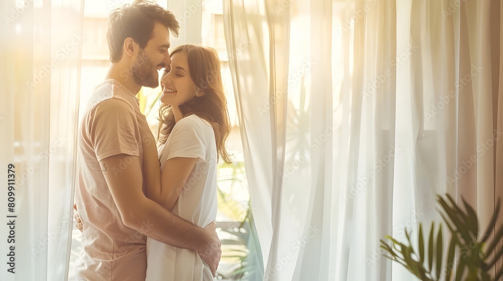 Couple Installing Soft Sheer Curtains in Bright Nursery with Casual Cozy Atmosphere Couple Installing Soft Sheer Curtains in Bright Nursery with Casual Cozy Atmosphere