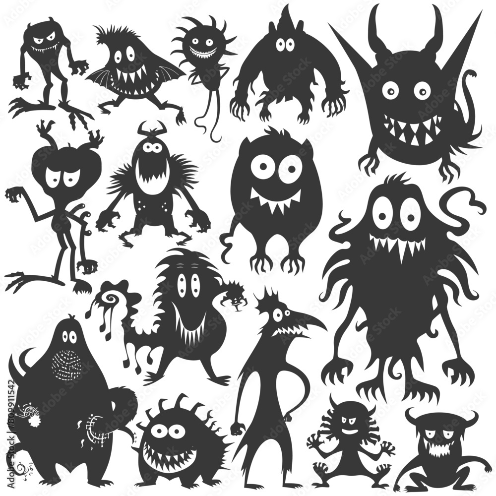 Silhouette funny monsters collection set black color only Silhouette funny monsters collection set black color only