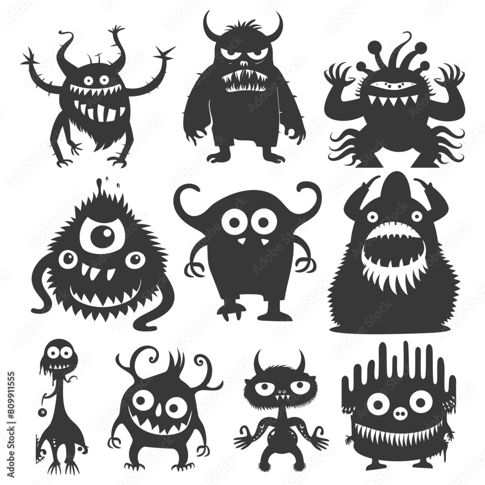 Silhouette funny monsters collection set black color only Silhouette funny monsters collection set black color only