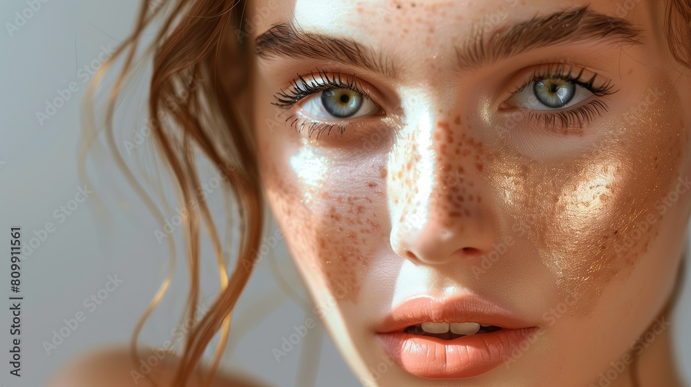 Face young woman with sunlit, glowing skin with gold treatment Face young woman with sunlit, glowing skin with gold treatment