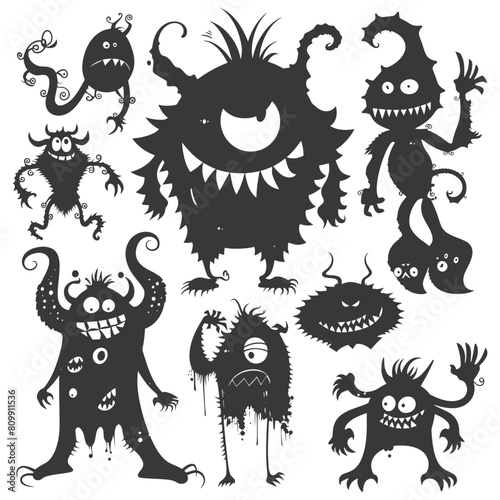 Silhouette funny monsters collection set black color only