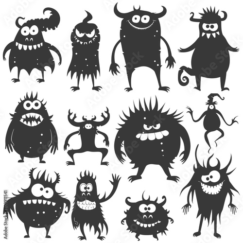 Silhouette funny monsters collection set black color only