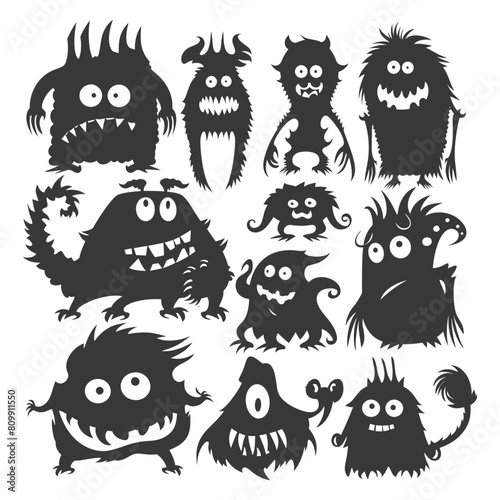 Silhouette funny monsters collection set black color only