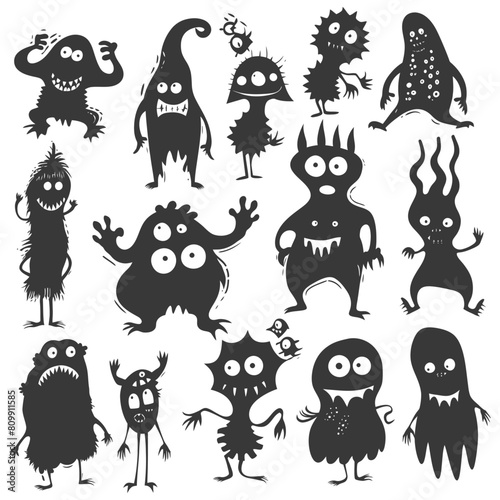 Silhouette funny monsters collection set black color only