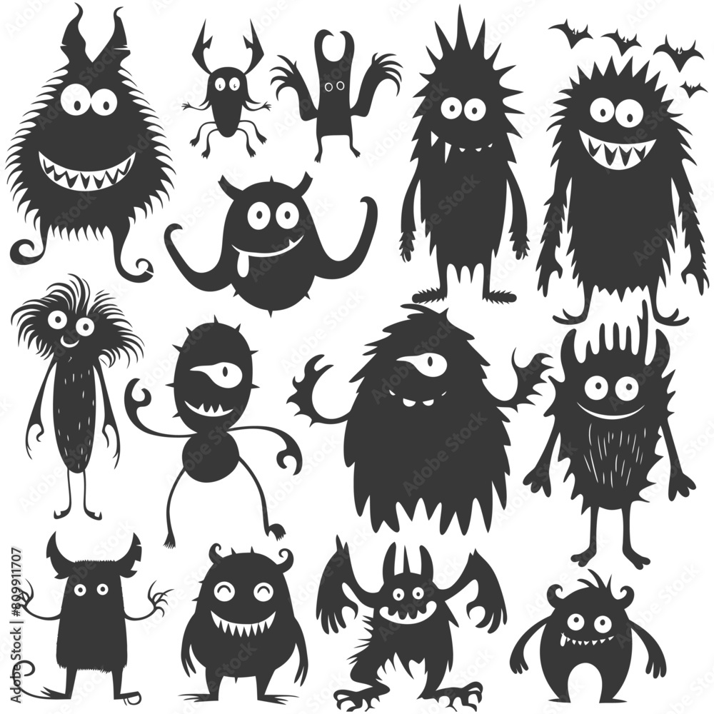 Silhouette funny monsters collection set black color only Silhouette funny monsters collection set black color only