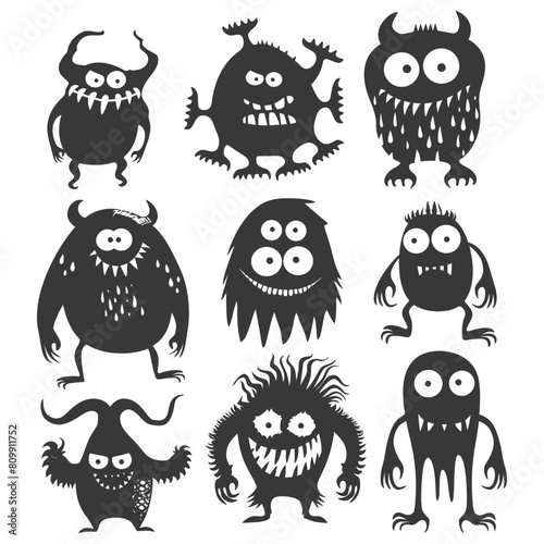 Silhouette funny monsters collection set black color only