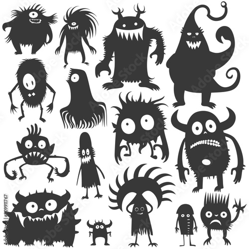 Silhouette funny monsters collection set black color only