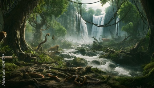 Mystical jungle scene with animals around a rushing waterfall, covered in lush vegetation and mist. photo