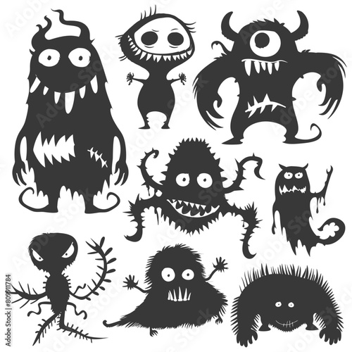 Silhouette funny monsters collection set black color only