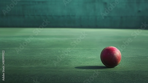 A red cricket ball sits on a green field. The ball is made of leather and has a seam. The background is green and out of focus. photo
