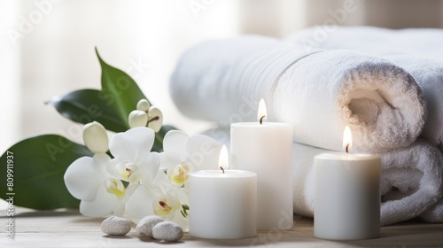 Compose a restful spa day banner with candles plush towels and flowers ideal for advertising health and wellness retreats.