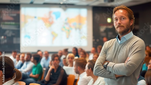Man leader standing in front of a business audience with a world map projection in the background photo