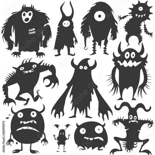 Silhouette funny monsters collection set black color only