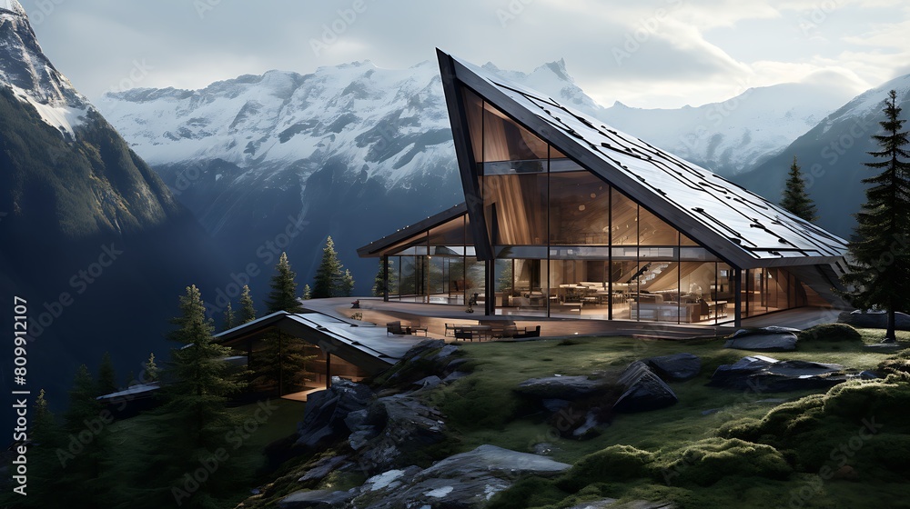 A timber-clad building nestled in the mountains.