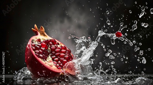 The dynamic scene of a pomegranate falling into water.