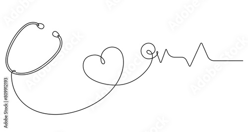 continuous line drawing of stethoscope with heart shape and pulse