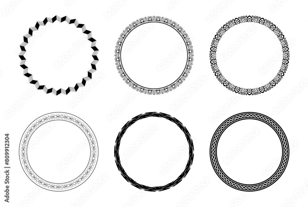 Decorative circle frame template design set of six round border vector pattern. Circle frame detail vector design set. Simple ornament design for labels, covers, invitation cards.
