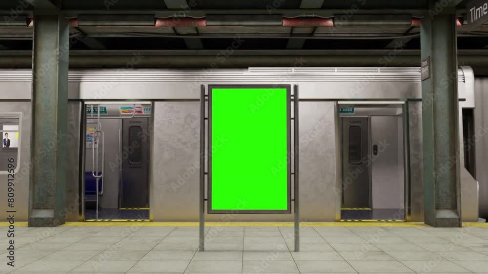 Empty billboard with a green screen for advertising on a subway station. 4k 3D animation 