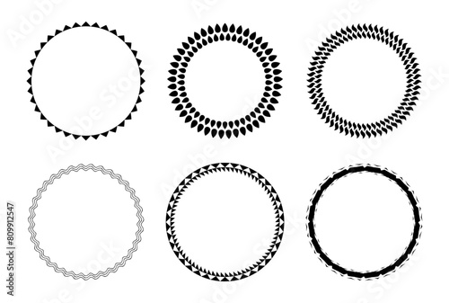 Decorative circle template frame design set of six round border vector pattern. Circle frame detail vector design set. Simple ornament design for labels, covers, invitation cards.