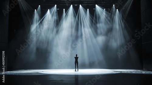 A lone woman standing on an empty stage, illuminated by spotlights in the dark blue backgroundA lone woman standing on an empty stage, illuminated by spotlights in the dark blue background
