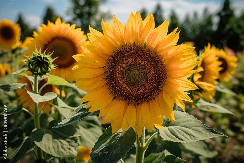 Obraz premium Summer sunflower field leaf. Scene bright. Generate Ai