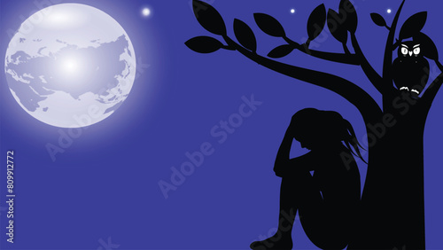 a heartbroken girl weeps in the moon's glow, her sorrow suffocating in the night air. An owl's hoot echoes her despair. Amidst rustling leaves, her sobs blend into a symphony of grief. Alone.