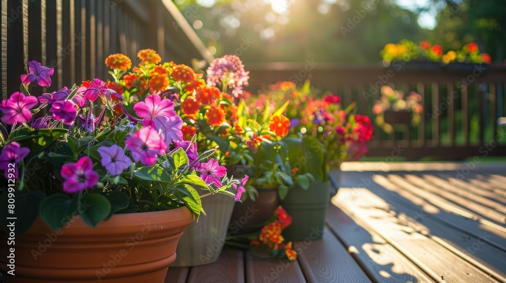Colorful flowers and pots on deck Colorful flowers and pots on deck