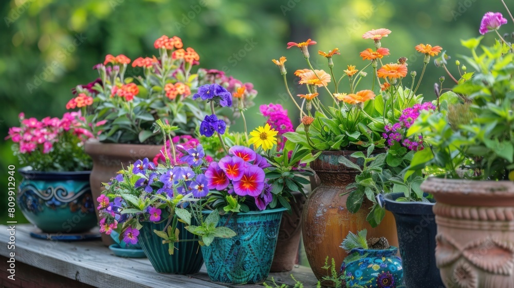 Colorful flowers and pots on deck Colorful flowers and pots on deck