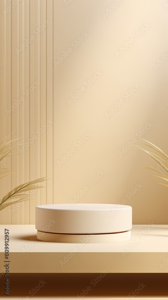 3d rendering of a beige podium with a beige background and beige plants 3d rendering of a beige podium with a beige background and beige plants