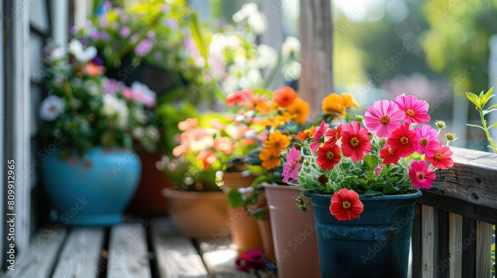 Colorful flowers and pots on deck