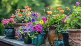 Colorful flowers and pots on deck