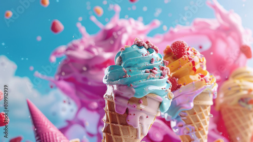 Close-up of vibrant, multi-layered ice cream cones adorned with whimsical toppings and candy splashes, set against a dreamlike pink and blue background. 