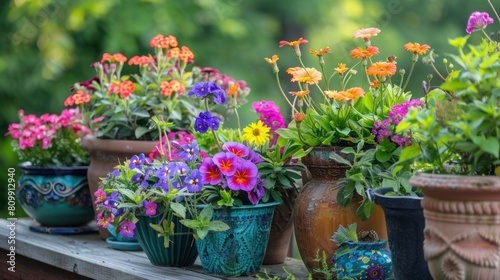 Colorful flowers and pots on deck © amonrat