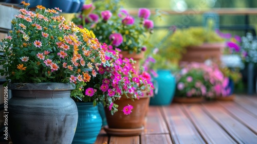 Colorful flowers and pots on deck